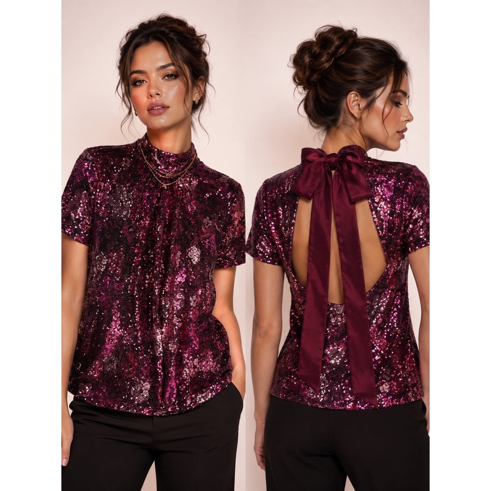 CeCe Sequin Top Womens Small Burgundy Excellent Bow Back Mock Neck Holiday Party